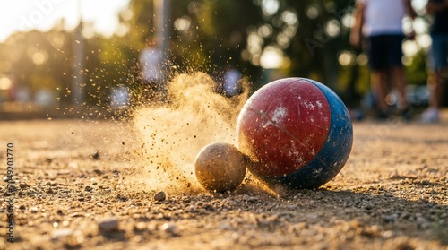 Action shot of bocce balls colliding on a dusty outdoor court during sunset, with flying dust and golden light