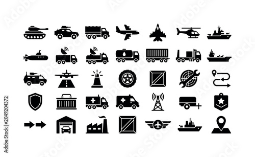 Military Transport Assets. Solid glyph icon set of army web vehicles and transport: tank, armored car, military truck, transport plane, jet, helicopter, warship, submarine, radar vehicle, fuel truck,