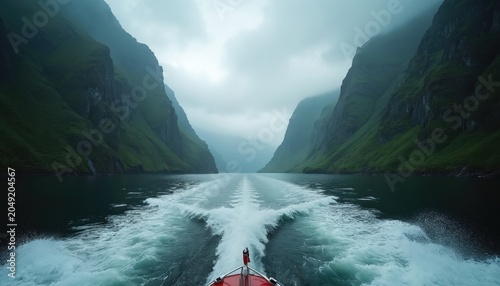 Red boat glides through misty fjord past green, steep mountains. Water churns behind vessel, creating white foamy wake. Dramatic landscape feels mysterious, serene, and vast.