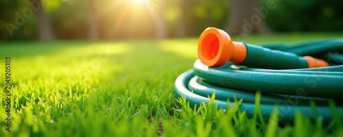 Coiled green garden hose with orange nozzle lies on rich grass. Bright sun shines through trees casting warm light. Ready for watering plants outdoors.