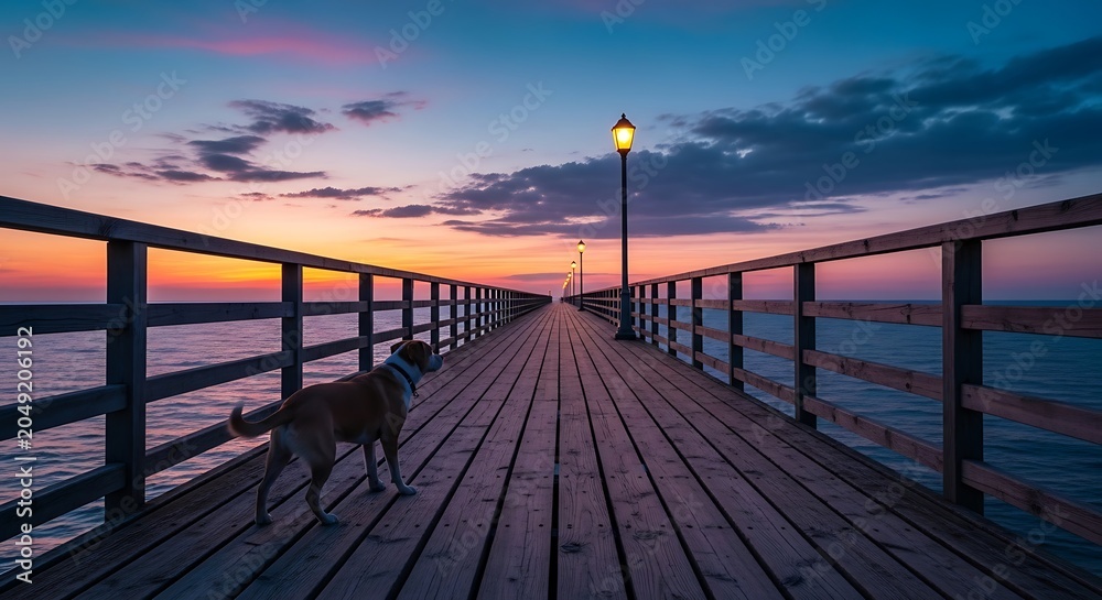Naklejka premium Dog on a wooden pier at sunset overlooking the sea
