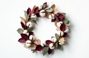Round wreath with cotton balls and burgundy leaves. Natural eucalyptus branches form a circle. Rustic autumn fall winter home decor, rustic wedding invitation element.