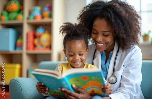 Smiling doctor reads colorful book to young child. Pediatrician and toddler interact happily in bright medical office. Child enjoys story time during visit to clinic.
