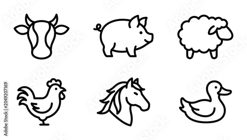 Tableau sur toile Farm Animal Icons Set: Cow, Pig, Sheep, Chicken, Horse, Duck Vector Graphics for