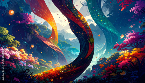 Magical Vibrant Fantasy Forest With Flowing Color Ribbons and Blooming Flowers in a Surreal Valley