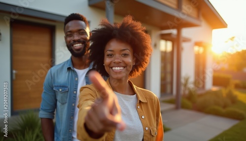 Young Black couple smiles warmly outside a modern house. Woman points forward  man stands behind her. They welcome viewers to their new home.