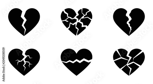 Schilderij op canvas Six Black Broken Heart Icons, Symbolizing Sadness, Grief, and Heartbreak