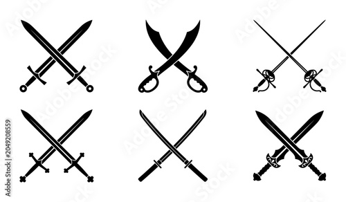 Tableau sur toile Crossed Swords Vector Icons Set: Medieval, Pirate, and Rapier Weapon Silhouettes