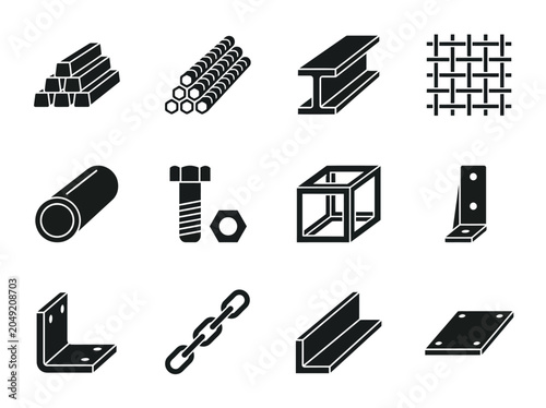 Minimal silhouette vector icons featuring construction steel materials, rebar bundle, steel beam, metal mesh panel, steel pipe, bolt and nut, welded frame, metal bracket, industrial chain