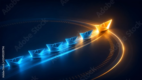Leadership concept with glowing golden paper boat leading blue boats on dark background symbolizing business strategy and unique vision