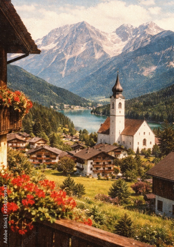 Fototapeta premium Scenic alpine village landscape poster image