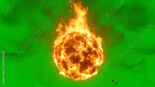 Explosion Fire Ball With Smoke On Green Screen Background.