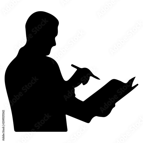 Silhouette of a man writing in a book.