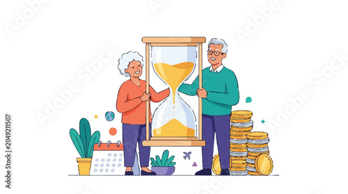 Senior Couple Retirement Planning Concept with Hourglass, Money, and Calendar - Flat Vector Illustration for Financial Security and Wealth Management