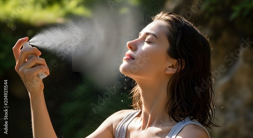 Young woman spraying refreshing facial mist water spray on skin