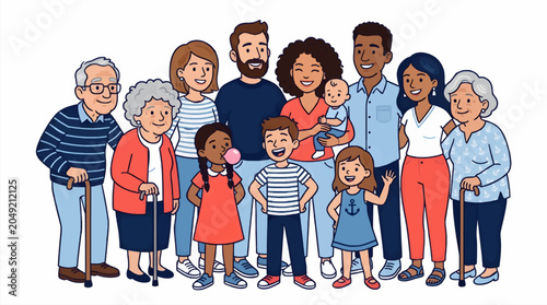 Diverse Multi-Generational Family Portrait, Cheerful Group Posed Together with Baby, Children, Adults, and Seniors, Flat Vector Illustration on White Background with Copy Space