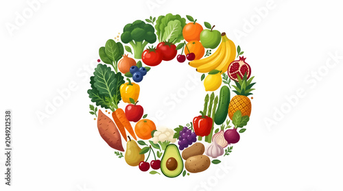 Tableau sur toile Circular Arrangement of Fresh Fruits and Vegetables in Flat Design Style, Health
