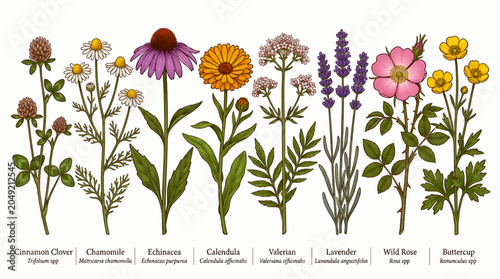 Cuadro en lienzo Collection of Medicinal Wild Flowers and Herbs: Lavender, Echinacea, Chamomile,