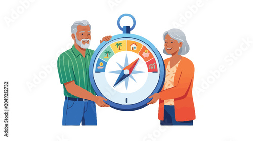 Senior Couple Navigating Retirement Goals with Financial Compass Illustration