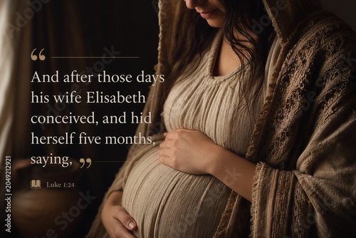 Biblical Luke Scripture depicting Elisabeth's Concealed Pregnancy and Anticipation, presented as an Intimate Religious Poster.