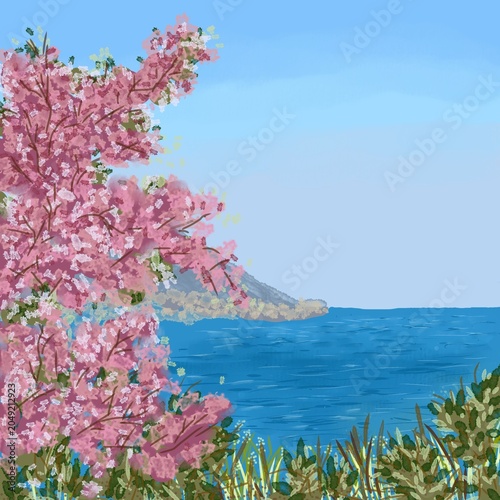 cherry blossom tree with sea background 