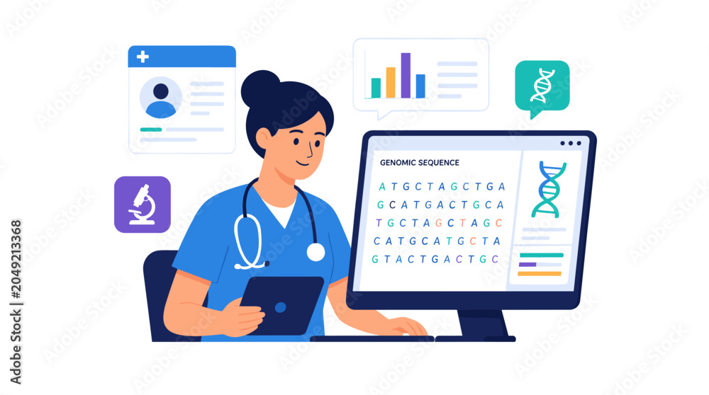 Fototapeta premium Female Doctor At Computer Consulting Patient Data.