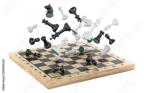 Chess pieces flying over board. 3D rendering