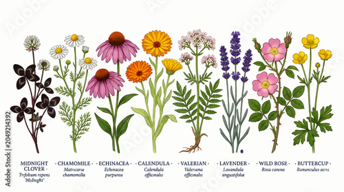 Cuadro en lienzo Collection of Medicinal Wild Flowers and Herbs, Including Echinacea, Lavender, C