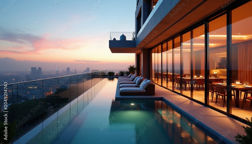 Fototapeta premium Modern penthouse terrace with infinity pool overlooks city skyline at sunset. Luxury apartment building features elegant dining area with ocean view, perfect for upscale urban living and relaxation.