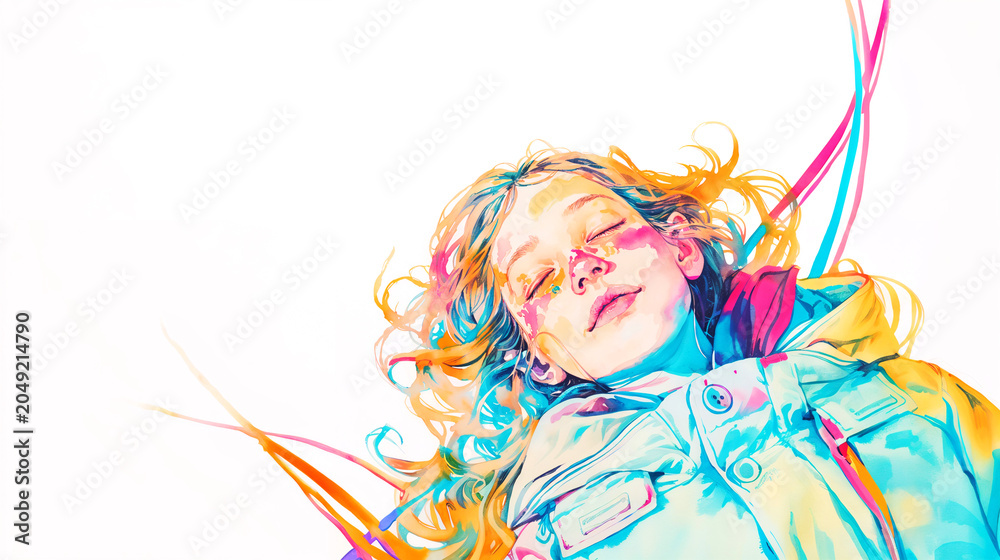Obraz premium カラフルな光に包まれて眠る女性のポートレートイラスト