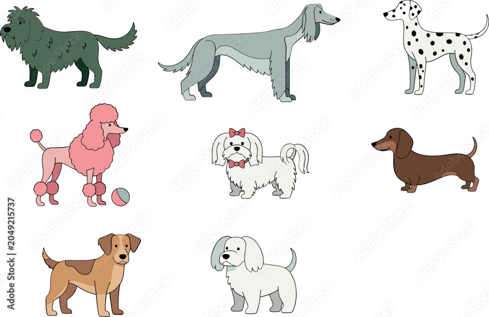 Obraz premium Dog Breeds Collection with Cute Cartoon Puppies Different Domestic Dogs Set for Pet Care Animal Illustration and Veterinary DesignDog Breeds Collection with Cu