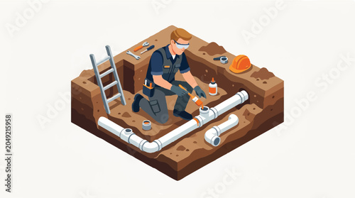 Professional Plumber Repairing Underground Water Pipes in a Trench, Isometric Vector Illustration of Construction Maintenance Worker