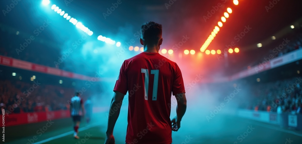 Fototapeta premium Soccer player in red jersey walks through smoky stadium tunnel under dramatic blue, red lights towards field. Fans watch from stands as athlete begins game journey. Intense atmosphere before match