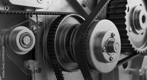 Close-up of industrial machine gears and belts in motion.