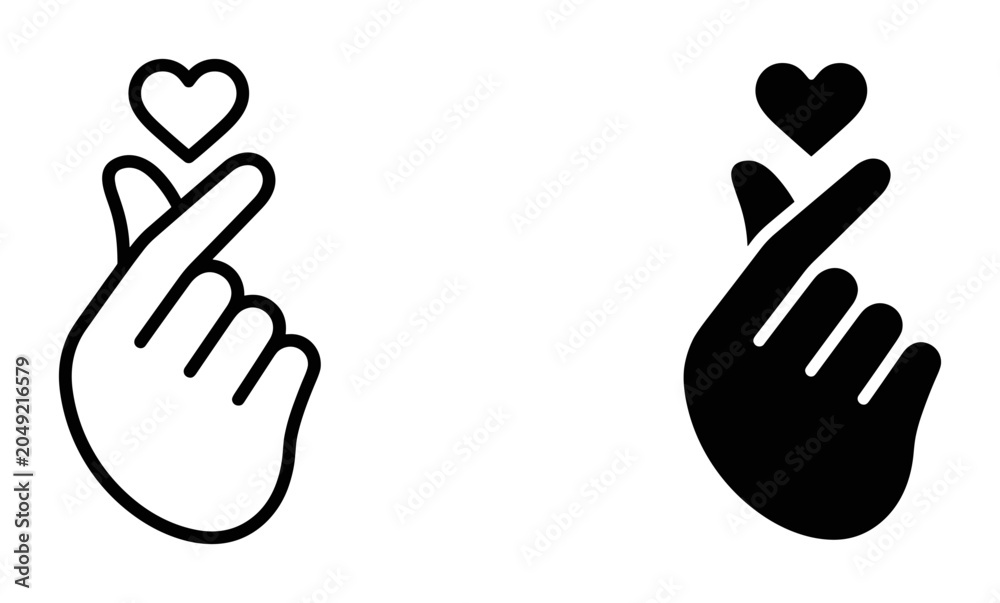 Obraz premium Korean Finger Heart Gesture Vector Icons, Love Symbol Hand Sign, Romantic Gesture, Expressing Affection, Simple Line Art and Silhouette