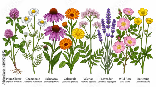 Foto Collection of Medicinal Wild Flowers: Clover, Chamomile, Echinacea, Calendula, V