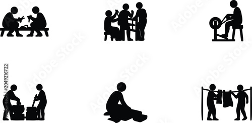 Fotografie Silhouettes of people engaged in various traditional labor activities and crafts