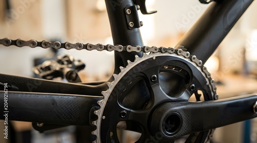Detailed view of a bicycle chain and front crankset drivetrain mechanism