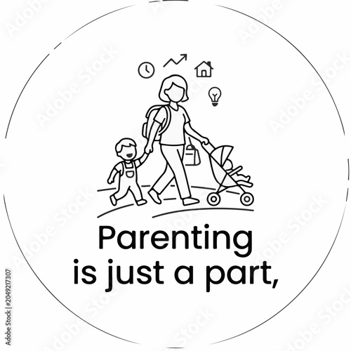 Line art illustration of a mother walking with a young child and a baby in a stroller surrounded by simple icons inside a circular frame
