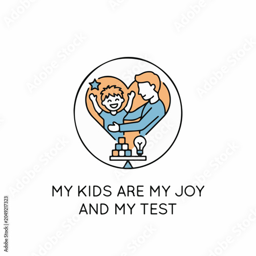 Line art illustration of a father hugging his child inside a heart shape with building blocks and a lightbulb icon on a white background