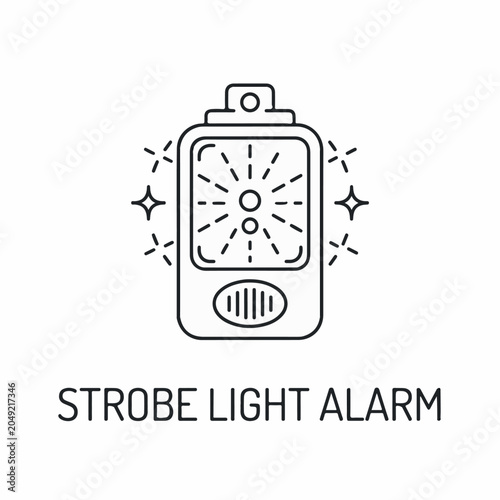 Strobe light alarm icon featuring a rectangular emergency device with flashing light rays and sound wave indicators in a minimalist line art style