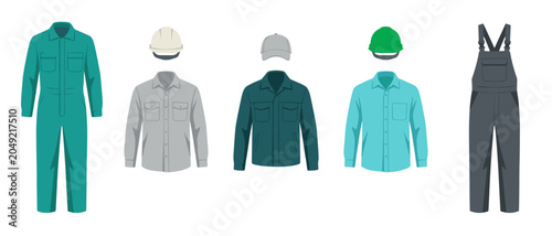 Teal and grey workwear set. Protective uniform clothes with transparent background. Jacket, helmet, and coveralls. Comfortable plumber clothing. Professional workman outfit. Vector garment set