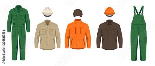 Green and orange workwear garments. Protective uniform set on transparent background. Overall, jacket, and helmet. Contractor clothing. Professional workman outfit. Vector flat design