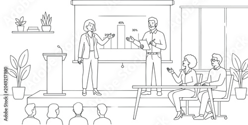 Billede på lærred A business presentation in an office environment with a female and male speaker and an attentive audience