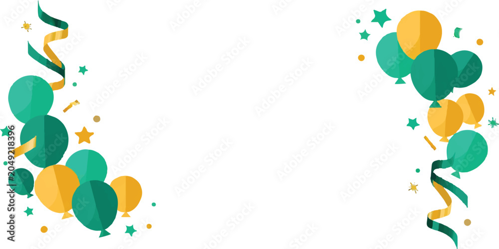 Fototapeta premium Green and gold balloon decoration border with confetti and ribbons event planning party supplies balloons confetti celebration background decoration anniversary birthday invitation
