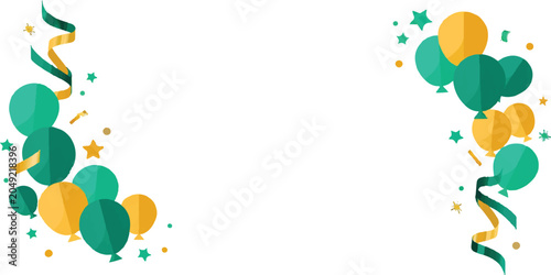 Green and gold balloon decoration border with confetti and ribbons event planning party supplies balloons confetti celebration background decoration anniversary birthday invitation