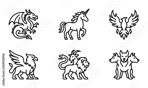 Bild auf Leinwand Mythical Creatures Vector Icons Set: Dragon, Unicorn, Phoenix, Griffin, Chimera,