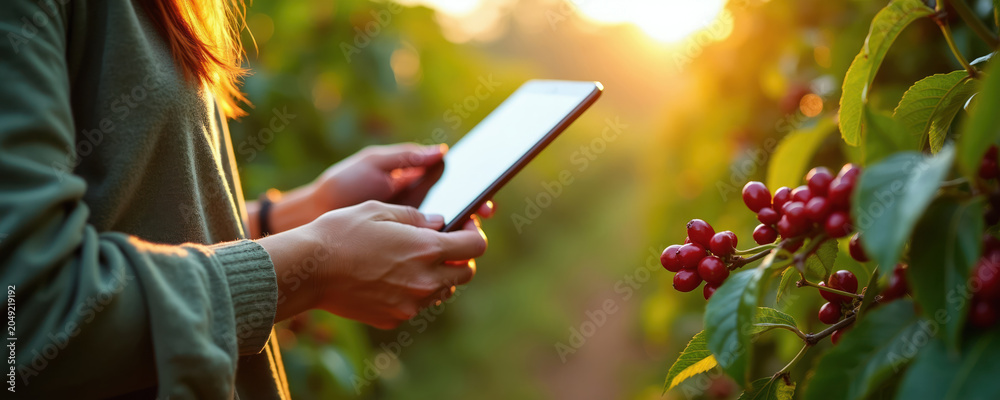 Fototapeta premium Woman uses tablet computer in coffee plantation during sunset. Person checks crop data on mobile device near red coffee berries. Technology aids sustainable farming practices and harvest monitoring.