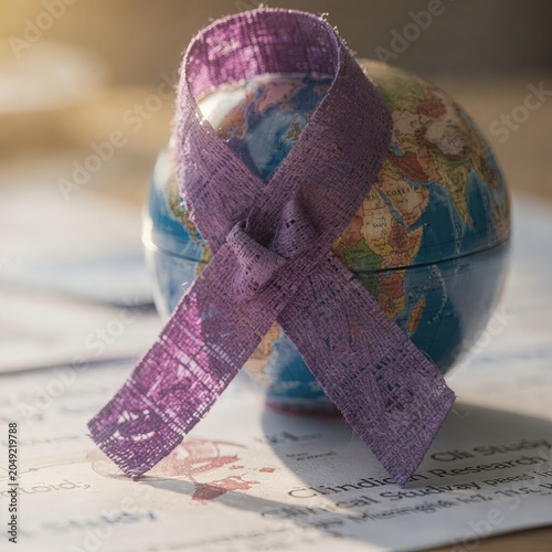Purple awareness ribbon wrapped around a globe symbolizing global health awareness, cancer support, advocacy, prevention, and international solidarity. Ideal for healthcare campaigns, fundraising mate