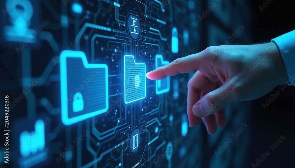 Naklejka premium Hand interacts with futuristic digital interface accessing secure cloud data. Glowing blue icons of folders and locks signify data management and online protection for future tech.